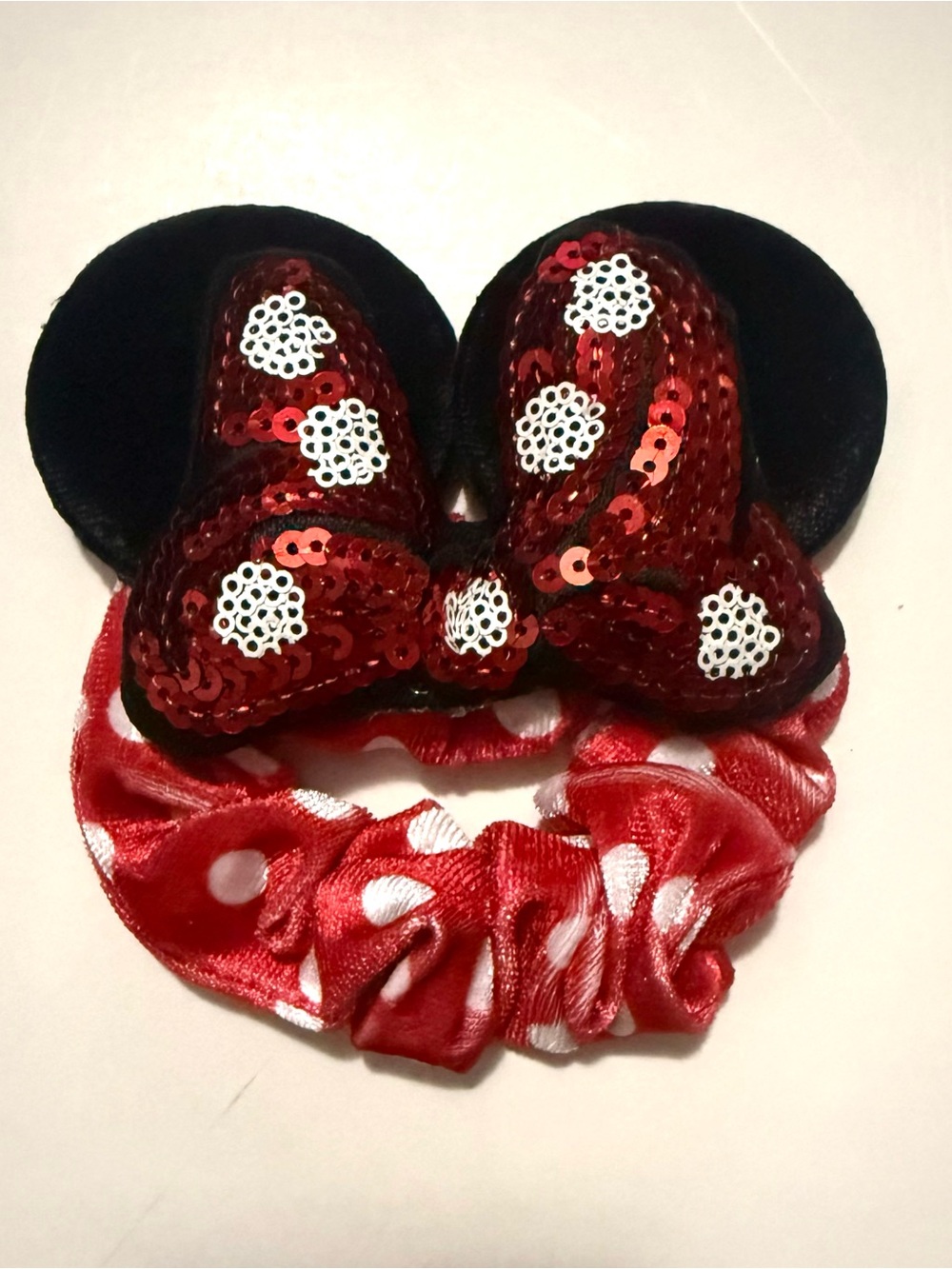 Kids Red Sequin Bow Minnie-Style Hair Scrunchie with Black Ears